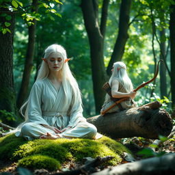 In a tranquil forest setting, a white-haired female elf monk and a white-haired male elf ranger are seen resting