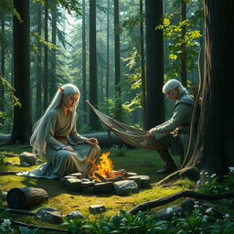 In a verdant forest campsite, a white-haired female elf monk and a white-haired male elf ranger are depicted setting up camp