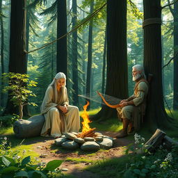 In a verdant forest campsite, a white-haired female elf monk and a white-haired male elf ranger are depicted setting up camp