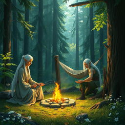 In a verdant forest campsite, a white-haired female elf monk and a white-haired male elf ranger are depicted setting up camp