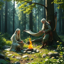 In a verdant forest campsite, a white-haired female elf monk and a white-haired male elf ranger are depicted setting up camp