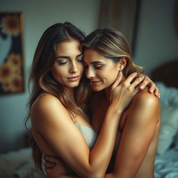 A mature and intimate scene capturing a young woman tenderly embracing and caressing another woman, focusing on the warmth and affection between them