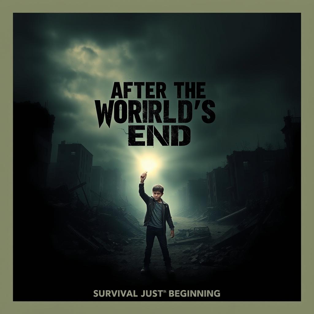 A movie poster for the thriller film titled 'After the World's End', featuring a solitary teenager standing amidst the ruins of a devastated cityscape