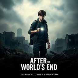 A movie poster for the thriller film titled 'After the World's End', featuring a solitary teenager standing amidst the ruins of a devastated cityscape