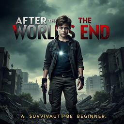 A movie poster for the thriller film titled 'After the World's End', featuring a solitary teenager standing amidst the ruins of a devastated cityscape