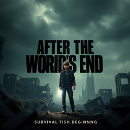 A movie poster for the thriller film titled 'After the World's End', featuring a solitary teenager standing amidst the ruins of a devastated cityscape