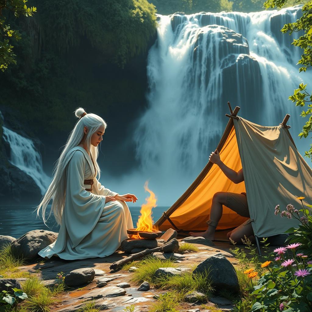 In a serene setting by a majestic waterfall, a white-haired female elf monk and a white-haired male elf ranger are depicted camping