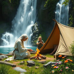 In a serene setting by a majestic waterfall, a white-haired female elf monk and a white-haired male elf ranger are depicted camping