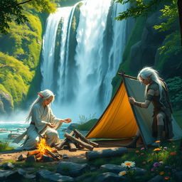 In a serene setting by a majestic waterfall, a white-haired female elf monk and a white-haired male elf ranger are depicted camping