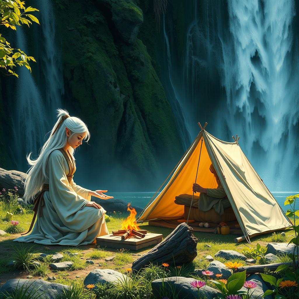 In a serene setting by a majestic waterfall, a white-haired female elf monk and a white-haired male elf ranger are depicted camping