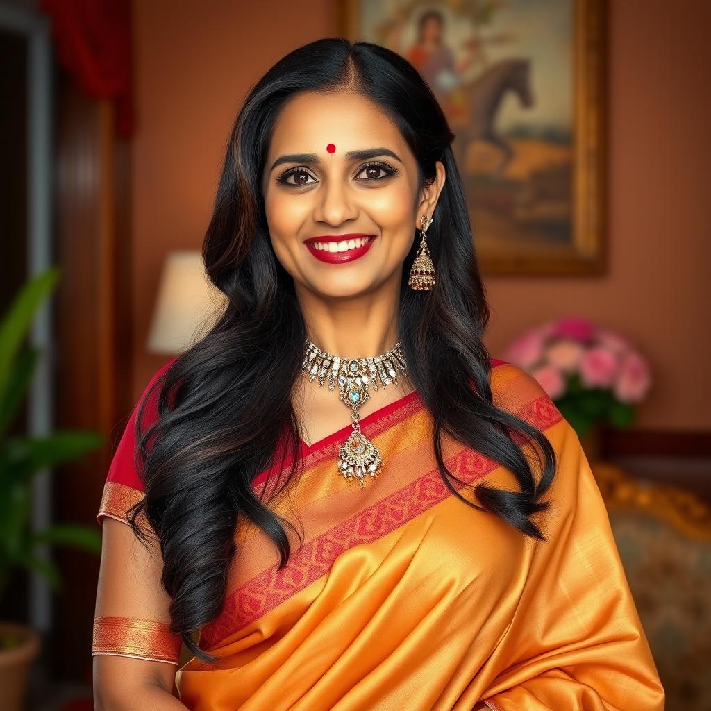 A stunning Indian woman showcasing her mature beauty, exuding confidence and charm in a traditional yet elegant sari