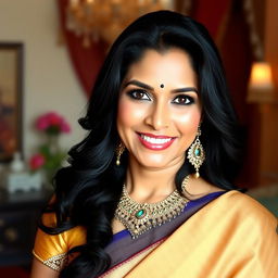 A stunning Indian woman showcasing her mature beauty, exuding confidence and charm in a traditional yet elegant sari