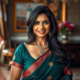 A stunning Indian woman showcasing her mature beauty, exuding confidence and charm in a traditional yet elegant sari