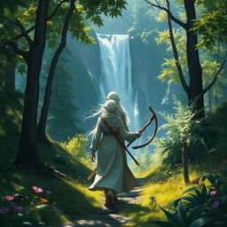 A white-haired female elf monk and a white-haired male elf ranger are journeying together through a lush forest, making their way towards a majestic waterfall