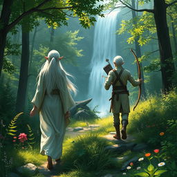 A white-haired female elf monk and a white-haired male elf ranger are journeying together through a lush forest, making their way towards a majestic waterfall