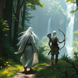 A white-haired female elf monk and a white-haired male elf ranger are journeying together through a lush forest, making their way towards a majestic waterfall