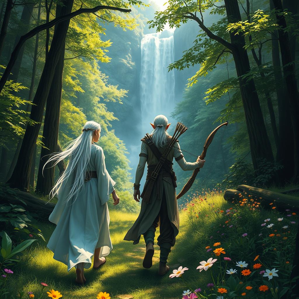 A white-haired female elf monk and a white-haired male elf ranger are journeying together through a lush forest, making their way towards a majestic waterfall