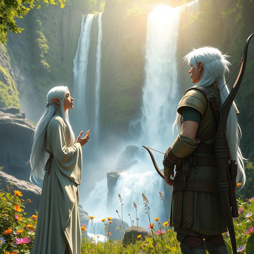 A serene scene featuring a white-haired female elf monk and a white-haired male elf ranger standing together, gazing in awe at a breathtaking waterfall