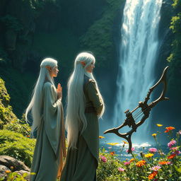 A serene scene featuring a white-haired female elf monk and a white-haired male elf ranger standing together, gazing in awe at a breathtaking waterfall