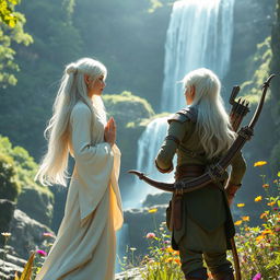 A serene scene featuring a white-haired female elf monk and a white-haired male elf ranger standing together, gazing in awe at a breathtaking waterfall