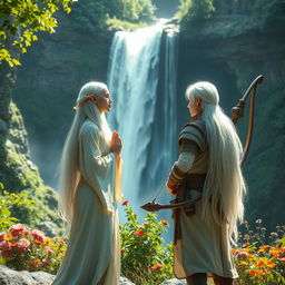 A serene scene featuring a white-haired female elf monk and a white-haired male elf ranger standing together, gazing in awe at a breathtaking waterfall