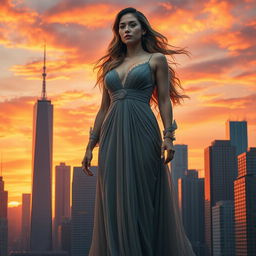 A towering, majestic woman standing amidst a cityscape, her immense figure gracefully blending with the urban environment