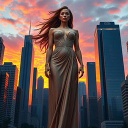 A towering, majestic woman standing amidst a cityscape, her immense figure gracefully blending with the urban environment