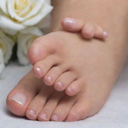 A close-up view of a pair of well-groomed female feet featuring perfectly shaped nails painted with French manicure.