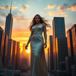 A towering, majestic woman standing amidst a cityscape, her immense figure gracefully blending with the urban environment