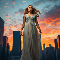 A towering, majestic woman standing amidst a cityscape, her immense figure gracefully blending with the urban environment