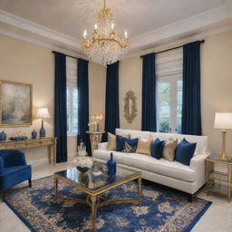 A fancy resort villa exquisitely decorated with a chic combination of navy blue and gold accents. The villa exudes elegance with lavish furnishings, sophisticated decor, and luxurious amenities.