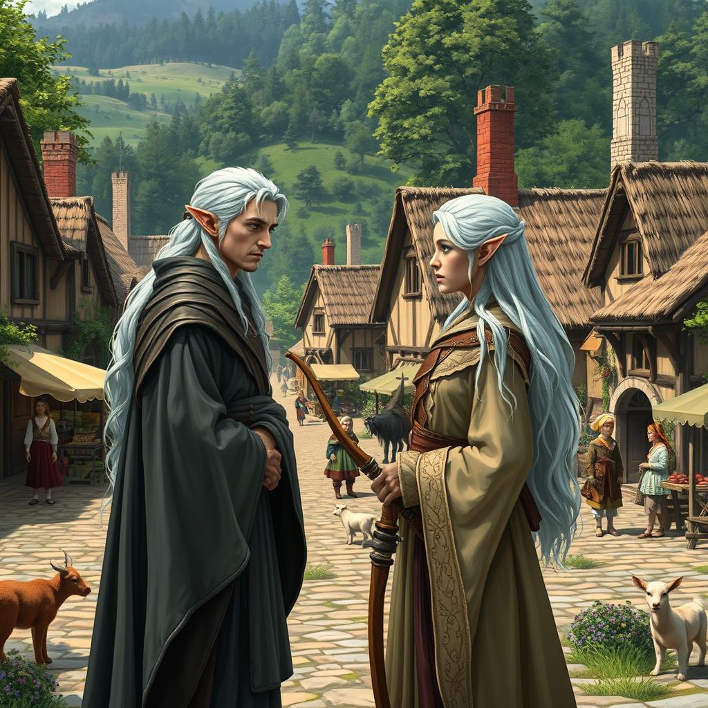 A picturesque village scene featuring a white-haired female elf monk and a white-haired male elf ranger