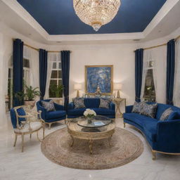 A fancy resort villa exquisitely decorated with a chic combination of navy blue and gold accents. The villa exudes elegance with lavish furnishings, sophisticated decor, and luxurious amenities.