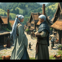 A picturesque village scene featuring a white-haired female elf monk and a white-haired male elf ranger