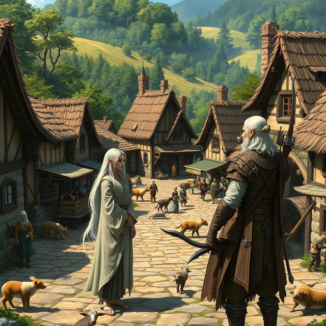 A picturesque village scene featuring a white-haired female elf monk and a white-haired male elf ranger