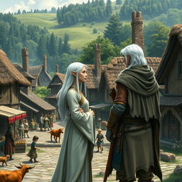 A picturesque village scene featuring a white-haired female elf monk and a white-haired male elf ranger