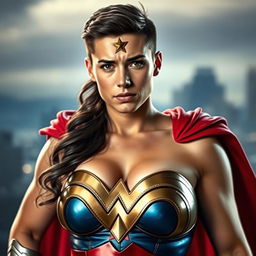 A 20-year-old male with masculine short hair and a female voluptuous body, wearing a Wonder Woman costume