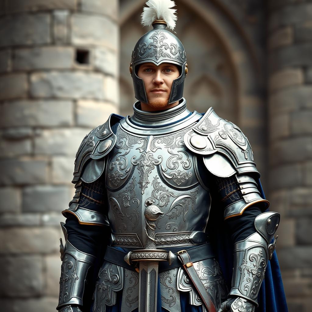 A medieval royal guard lieutenant, dressed in ornate armor with intricate engravings and a commanding presence