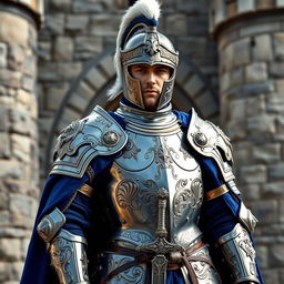 A medieval royal guard lieutenant, dressed in ornate armor with intricate engravings and a commanding presence