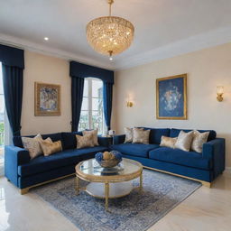 A fancy resort villa exquisitely decorated with a chic combination of navy blue and gold accents. The villa exudes elegance with lavish furnishings, sophisticated decor, and luxurious amenities.