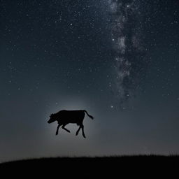 A playful cow, in mid-jump, silhouetted against a full and brightly illuminated moon in a dark, star-filled night sky.