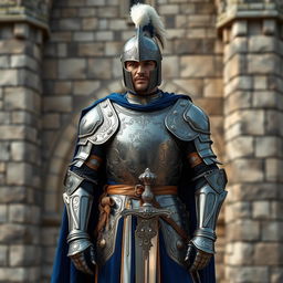 A medieval royal guard lieutenant, dressed in ornate armor with intricate engravings and a commanding presence