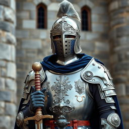 A medieval royal guard lieutenant, dressed in ornate armor with intricate engravings and a commanding presence