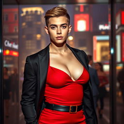 A 20-year-old male with masculine short hair and a female voluptuous body, wearing a short red dress