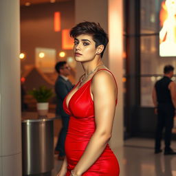 A 20-year-old male with masculine short hair and a female voluptuous body, wearing a short red dress