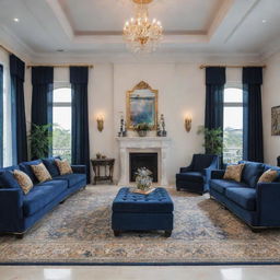 A fancy resort villa exquisitely decorated with a chic combination of navy blue and gold accents. The villa exudes elegance with lavish furnishings, sophisticated decor, and luxurious amenities.