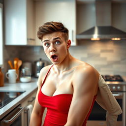 A 20-year-old male with masculine short hair and a female voluptuous body, wearing a short red dress with a shocked expression in a kitchen setting