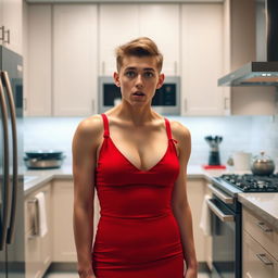 A 20-year-old male with masculine short hair and a female voluptuous body, wearing a short red dress with a shocked expression in a kitchen setting