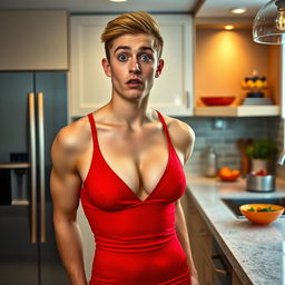 A 20-year-old male with masculine short hair and a female voluptuous body, wearing a short red dress with deep cleavage and a shocked expression in a kitchen setting