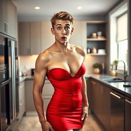 A 20-year-old male with masculine short hair and a female voluptuous body, wearing a short red dress with deep cleavage and a shocked expression in a kitchen setting